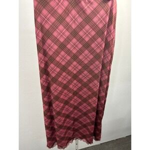 5B Style Pink Brown Plaid Mesh Midi Skirt NWT Size L Y2K Lettuce Edge Hem
